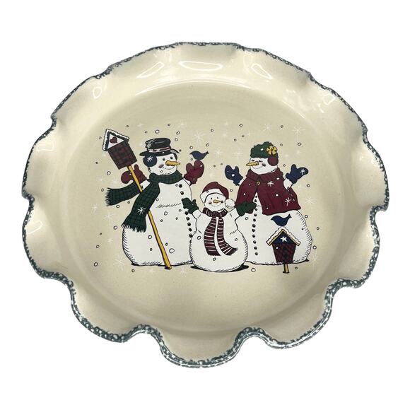 Home & Garden Party 12" SERVING PLATTER Ceramic Pottery Snowman Family Ruffled - Picture 6 of 6